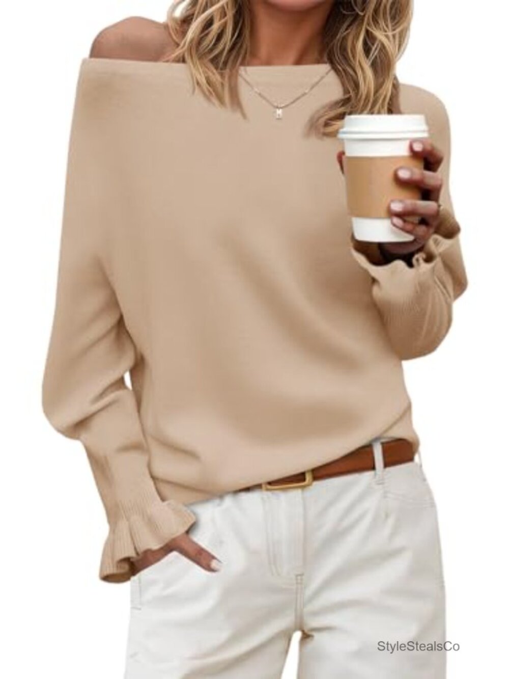Womens Boat Neck Off Shoulder Ruffle Knit Pullover Sweater